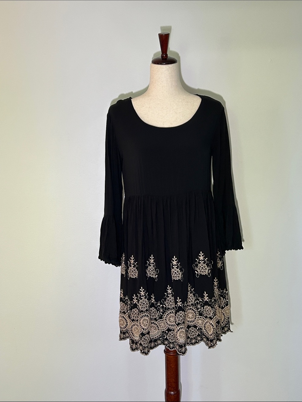 One A Black Mini Dress with Cream Embroidered Hem